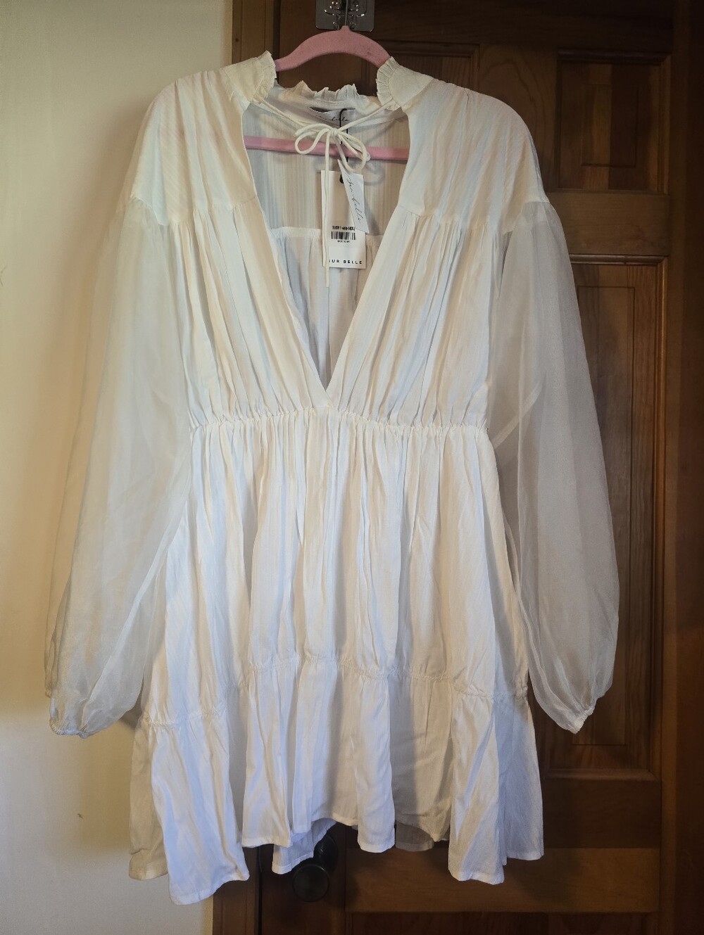 White Long Sleeve V-Neck Tiered Mini Dress